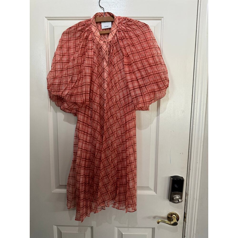 Acler Preston Mini Dress Flowy Pleated Silhouette Plaid Print Orange Size 4 - Picture 2 of 8